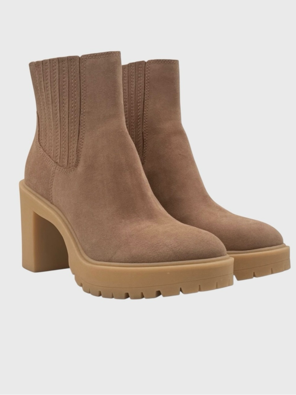 Dolce Vita Hadia Mushroom Taupe Suede Lug Sole Block Heel Chelsea Booties